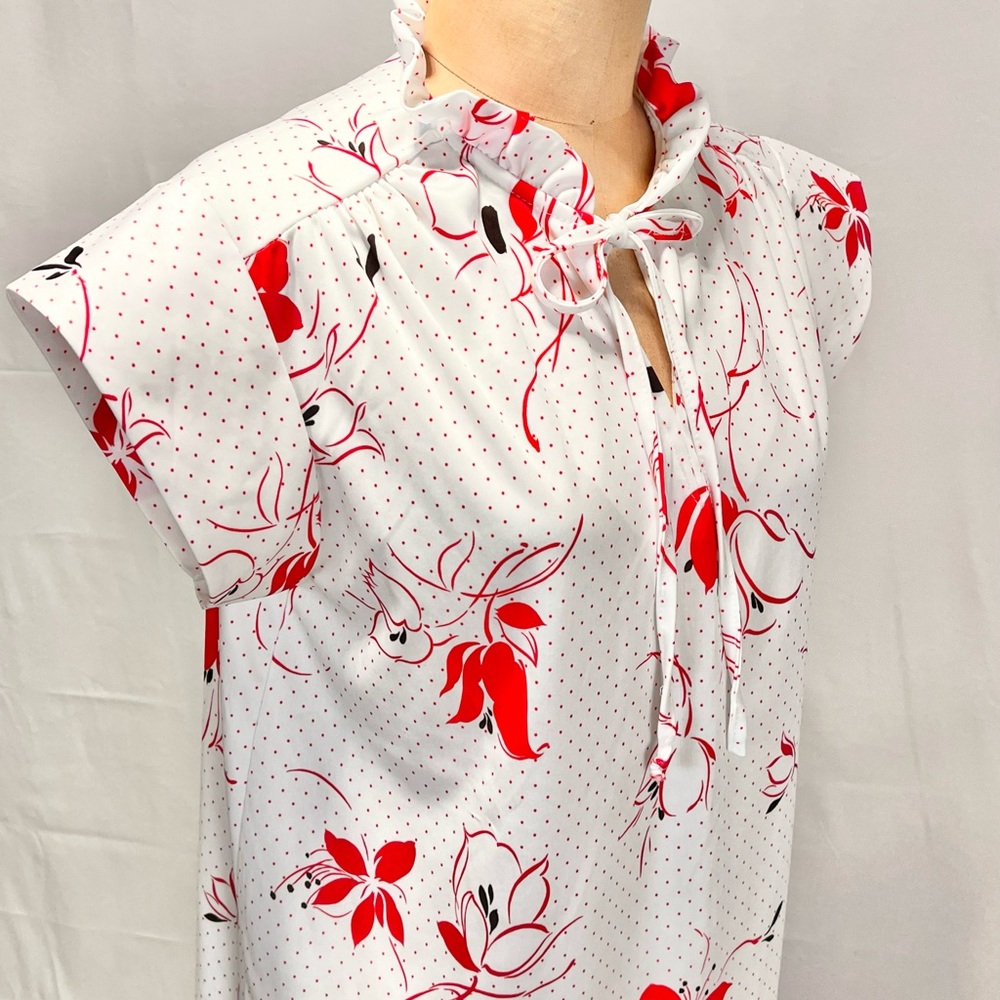 VINTAGE 70s floral ruffle bow tie neck short cap sleeve blouse‎ red flowers dots - Picture 3 of 8